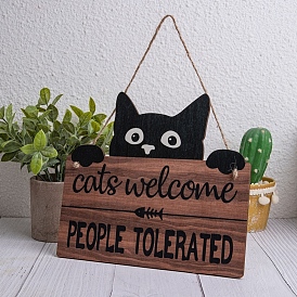 Wooden Rectangle with Word Cats Welcome People Tolerated Pendant Decoration, for Home Hanging Wall Decoration