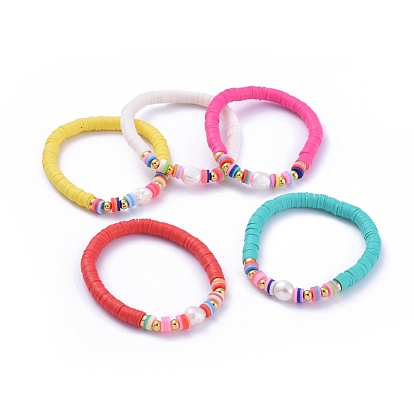 Handmade Polymer Clay Heishi Beads Stretch Bracelets, with Natural Baroque Pearl Keshi Pearl Beads