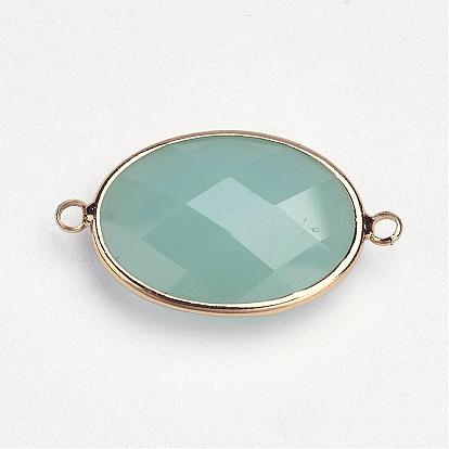 Соединители звеньев латуни стеклянные, имитация нефрита, граненые, овальные, золотой свет