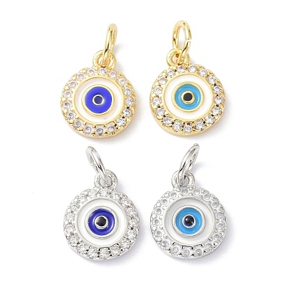 Brass Cubic Zirconia Enamel Charms, with Jump Ring, Long-Lasting Plated, Lead Free & Cadmium Free, Flat Round with Evil Eye