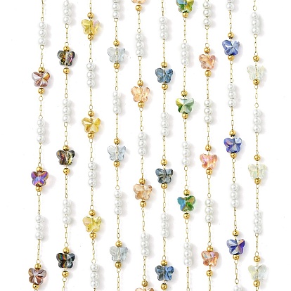 10М-ионное покрытие (IP) 304 Цепи из нержавеющей стали и АБС-пластика с жемчужными бусинами и стеклянными звеньями-бабочками, пайки, с катушкой, реальный 18 k позолоченный