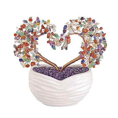 Natural Gemstone Chips Heart Tree Display Decorations, Mini Vase with Copper Wire Feng Shui Energy Stone Gift for Women Men Meditation