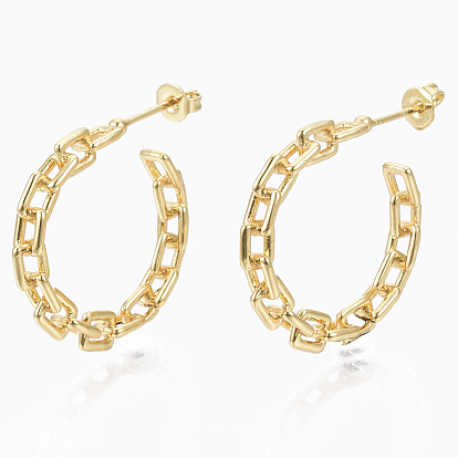 Semicircular Brass Cross Chain Stud Earrings, Half Hoop Earrings, with Earring Backs