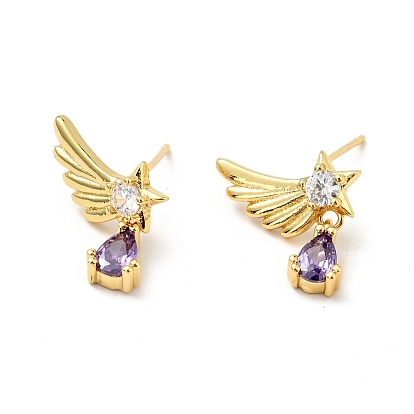 Purple Cubic Zirconia Wing with Teardrop Dangle Stud Earrings, Brass Jewelry for Women, Cadmium Free & Nickel Free & Lead Free