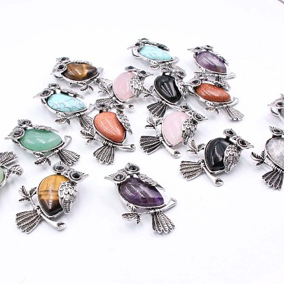 Gemstone Pendants, Antique Silver Plated Metal Owl Charms