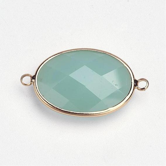 Соединители звеньев латуни стеклянные, имитация нефрита, граненые, овальные, золотой свет