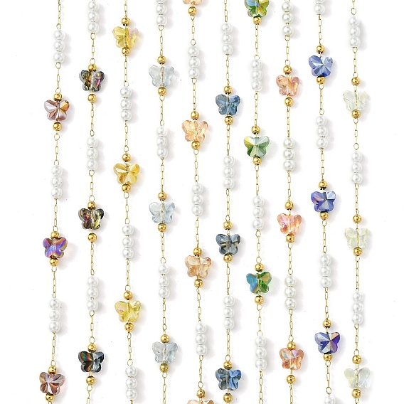 10М-ионное покрытие (IP) 304 Цепи из нержавеющей стали и АБС-пластика с жемчужными бусинами и стеклянными звеньями-бабочками, пайки, с катушкой, реальный 18 k позолоченный