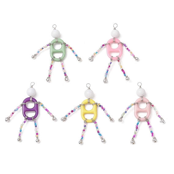 Большие подвески в форме человека из натурального белого нефрита, акрила и стеклянных бусин, с петлями из медной проволоки, платина