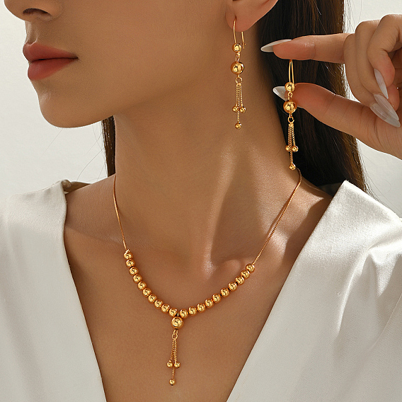 Винтажное латунное колье и серьги с круглыми бусинами и кисточками для женщин.