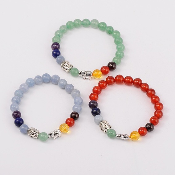 Stretch Buddhist Jewelry Multi-Color Gemstone Chakra Bracelets, with Tibetan Style Beads, Antique Silver, 55mm