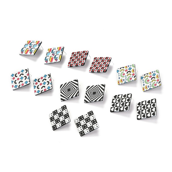Resin Stud Earrings, with 925 Sterling Silver Pins, Rhombus, Platinum