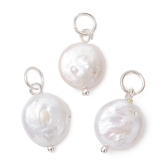 Подвески из натурального барочного жемчуга кеши, плоские круглые подвески с 304 фурнитурой из нержавеющей стали, белые