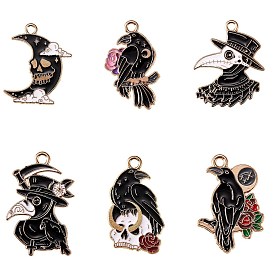 6Pcs 6 Style Light Gold Alloy Enamel Pendants, Gothic Style, Halloween Theme, Mixed Shapes