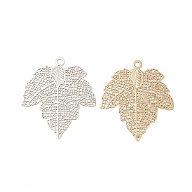 Rack Plating Brass Filigree Pendants, Long-Lasting Plated, Maple Leaf Charms
