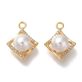 Brass Micro Pave Cubic Zirconia Pendants, with ABS Imitation Pearl, Rhombus