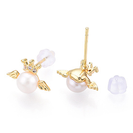 Natural Pearl Stud Earrings Micro Clear Cubic Zirconia, Brass Earrings with 925 Sterling Silver Pins, Angel