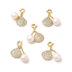 Brass Pave Clear Cubic Zirconia Shell Spring Ring Clasp Charms, with Natural Pearl Round Beads