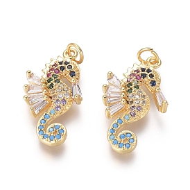 Golden Plated Brass Pendants, with Cubic Zirconia and Jump Rings, Sea Horse