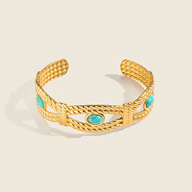 304 Stainless Steel Vintage Synthetic Turquoise Eye Open Cuff Bangles for Women