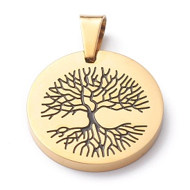 304 Stainless Steel Pendants, with Enamel, Polishing, Flat Round with Tree