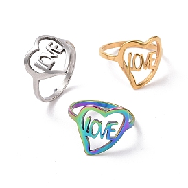 201 Stainless Steel Heart with Word Love Finger Ring, Hollow Wide Ring for Valentine's Day