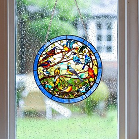 Panneau de vitrail rond en acrylique double face avec chaîne, fenêtre suncatcher maison ornements suspendus