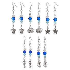 5 pares 5 estilos aretes colgantes de aleación con tema oceánico, Con cuentas redondas de imitación de perlas de plástico ABS.