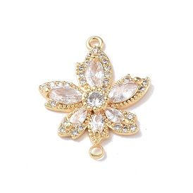 Brass Micro Pave Cubic Zirconia Connector Charms, with Glass, Leaf Links, Real 18K Gold Plated