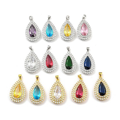 Rack Plating Brass Micro Pave Cubic Zirconia Pendants, with Glass, Teardrop