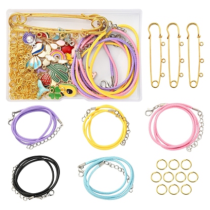 DIY Jewelry Making Kits, including Alloy Enamel Pendants, Iron Kilt Pins Brooch Findings, Brass Jump Rings, Imitation Leather Cord and Waxed Cord Necklace Making