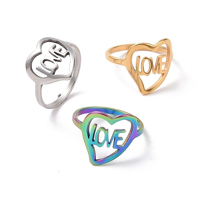 201 corazón de acero inoxidable con anillo de dedo de palabra amor, anillo ancho hueco para el día de san valentín