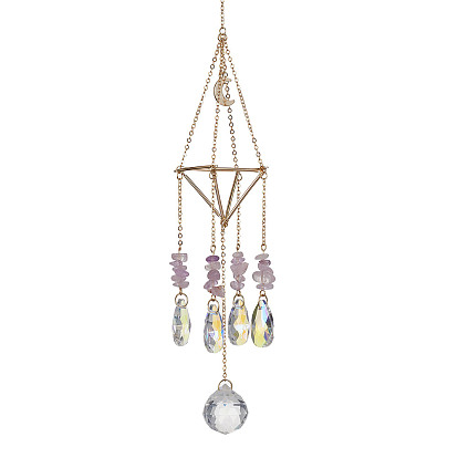 Brass Pouch Pendant Decoration, Glass Teardrop and Natural Amethyst Chip Charm, for Home Decoration