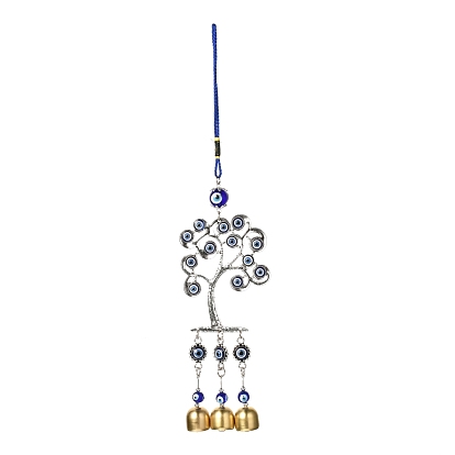 Tree Alloy Big Pendant Decorations, with Evil Eye Resin Beads, Iron Bell,  Polyester Cord, Wall Hanging Decoration