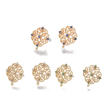 Brass Stud Earring Findings, Cubic Zirconia and Loop, Nickel Free, Real 18K Gold Plated, Flower