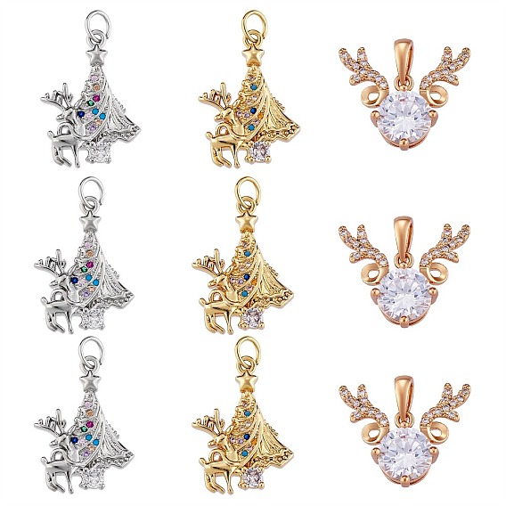 9Pcs 3 Style Brass Micro Pave Clear Cubic Zirconia Pendants
