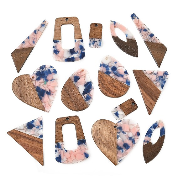 Walnut Wood & Transparent Resin Pendants, Mixed Shapes Charm