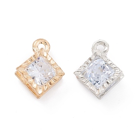 Alloy Clear Cubic Zirconia Charms, Long-Lasting Plated, Rhombus