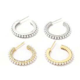 Clear Cubic Zirconia C-Shaped Stud Earrings with Acrylic Pearl, Brass Half Hoop Earrings for Women, Cadmium Free & Lead Free