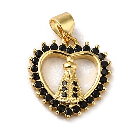 Rack Plating Brass Micro Pave Black Cubic Zirconia Pendants, Long-Lasting Plated, Lead Free & Cadmium Free, Heart with Saint Charm
