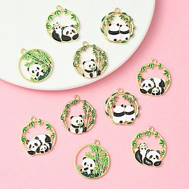 10Pcs 5 Style Alloy Enamel Pendants, Cadmium Free & Nickel Free & Lead Free, Golden, Flat Round with Bamboo and Panda Charm
