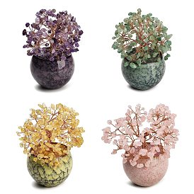 Natural Gemstone Chips Tree of Life Display Decorations, with Porcelain Pot and Copper Wire, Feng Shui Energy Stone Gift for Home Office Desktop Decoration
