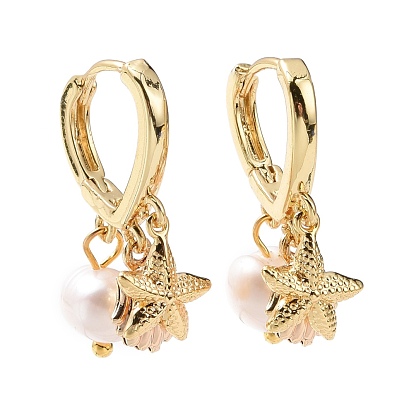 Starfish & Shell & Natural Pearl Drop Huggie Hoop Earrings for Women