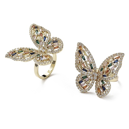 Butterfly Colorful Cubic Zirconia Finger Rings, Brass Ring, Long-Lasting Plated