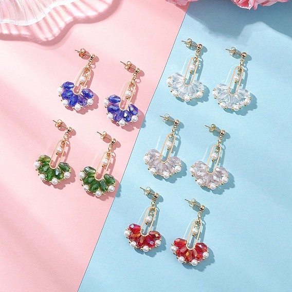 Веерные стеклянные серьги-гвоздики, с 304 фурнитурой для сережек из нержавеющей стали и круглыми бусинами из стеклянного жемчуга, золотые