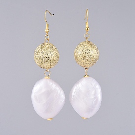 Болтаются серьги, с перламутровыми акриловыми бусинами, бусины из полиэстеровой нити и золотые латунные крючки для сережек