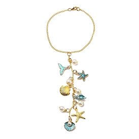 Decoraciones colgantes de aleación de esmalte, Con cadena de eslabones de aluminio y perlas de imitación de plástico ABS y cierres de pinza de langosta de aleación., Estrella de mar con forma de concha