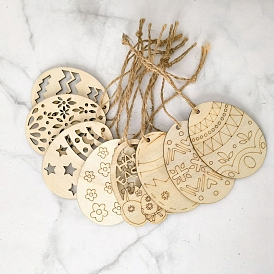 10Pcs Easter Theme Wooden Craft Pieces, Unfinished Wood Cutouts, with Hemp Rope