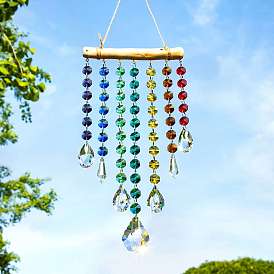 Glass Teardrop/Cone Hanging Suncatchers, Rainbow Maker, with Glass Octagon Link and Wood Stick for Garden Window Decoration