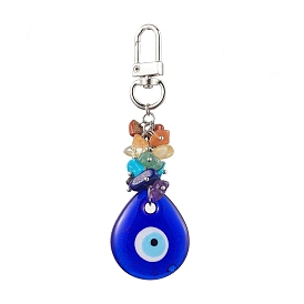 Teardrop/Turtle with Evil Eye Blue Glass Pendant Decooration, 7 Chakra Natural & Synthetic Gemstone Chip Beads & Swivel Clasps Charms for Bag Ornaments