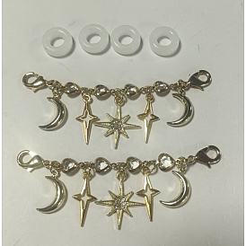 6Stück Messing-, Glas-, Legierungs- und Strass-Brillenketten, mit Karabinerverschlüssen und Silikon-Brillenhalterringen, Stern & Mond & Sonne